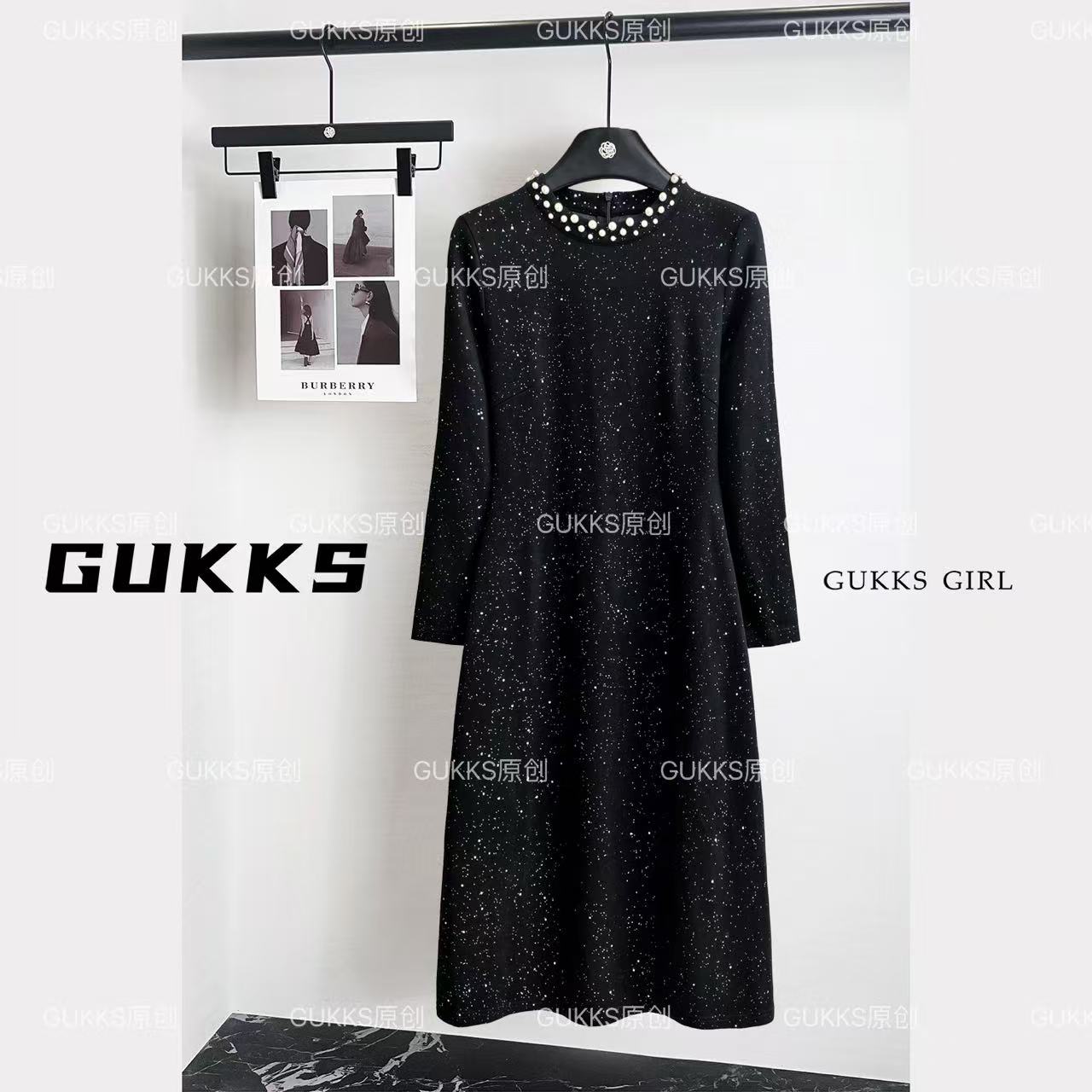 GUKKS/黑色气质赫本风长袖连衣裙女2025秋冬高端连衣裙GK869