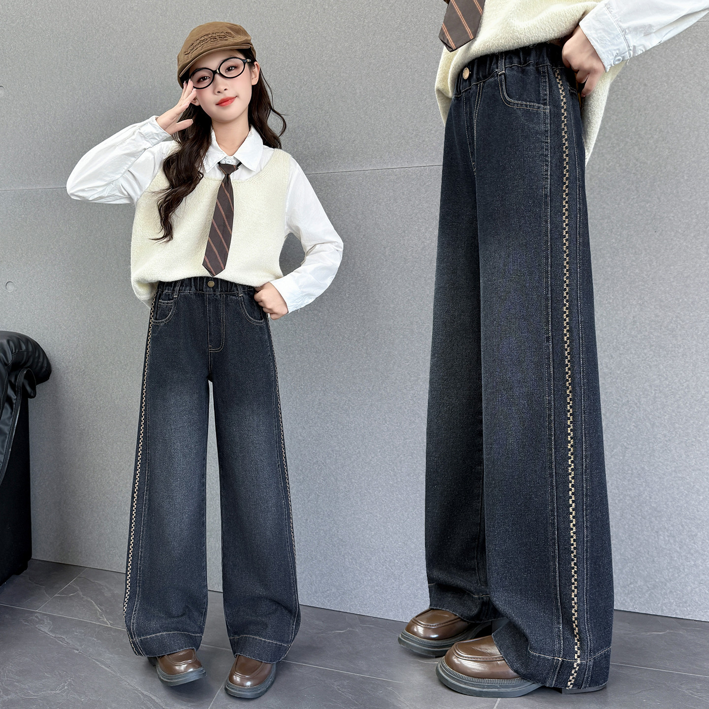 女童秋季阔腿裤2025新款儿童韩版牛仔长裤中大童时尚洋气休闲裤潮