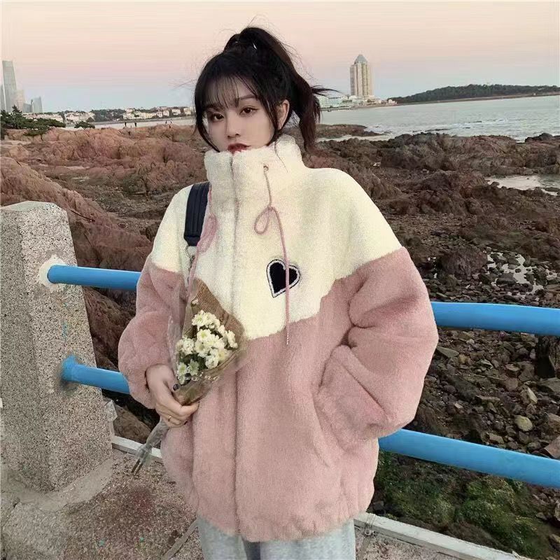 羊羔绒外套女秋冬装2025新款初中高中学生韩版宽松加厚拼接棉服潮