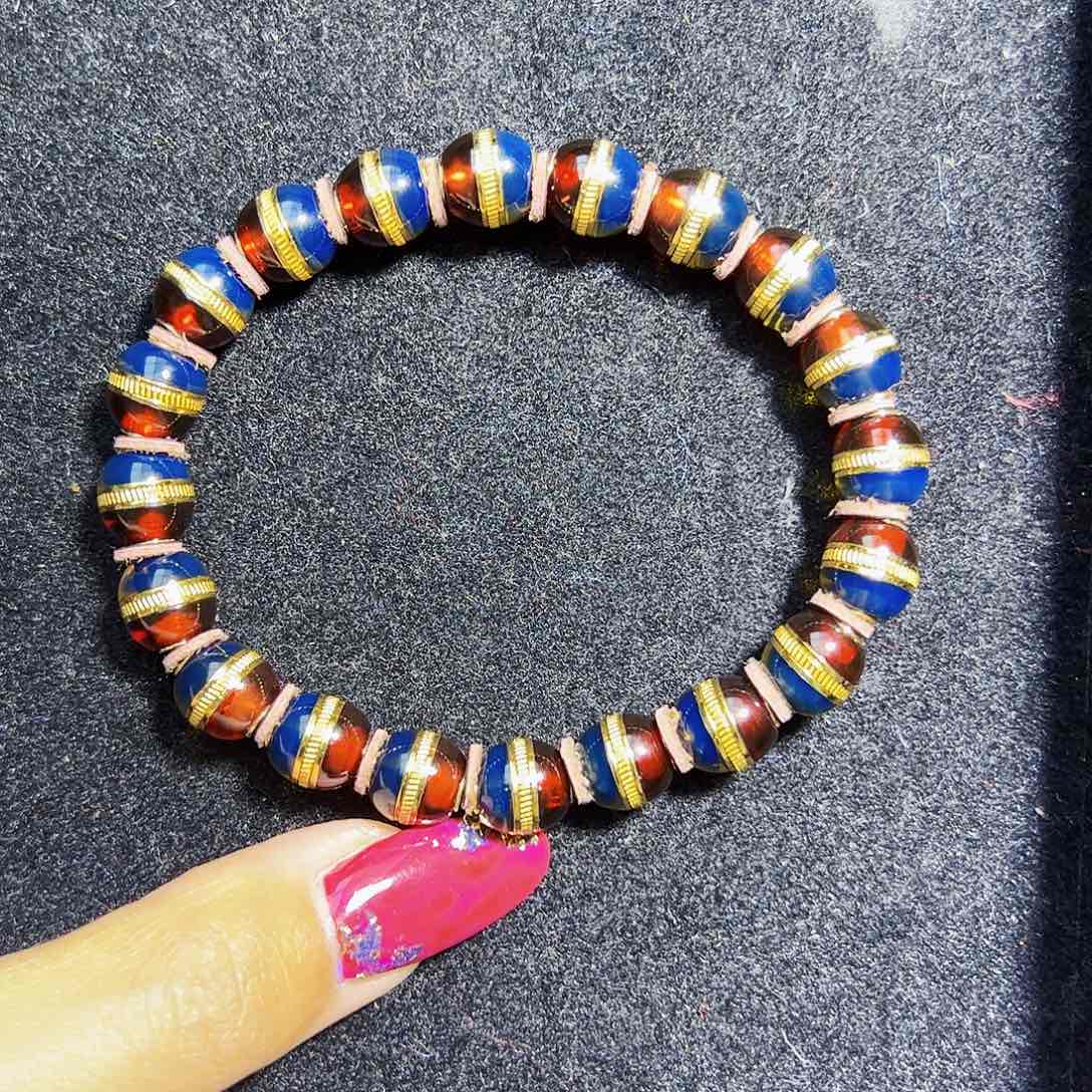 蓝珀珠宝奇石银S925镀金镶嵌红蓝9汉堡珠