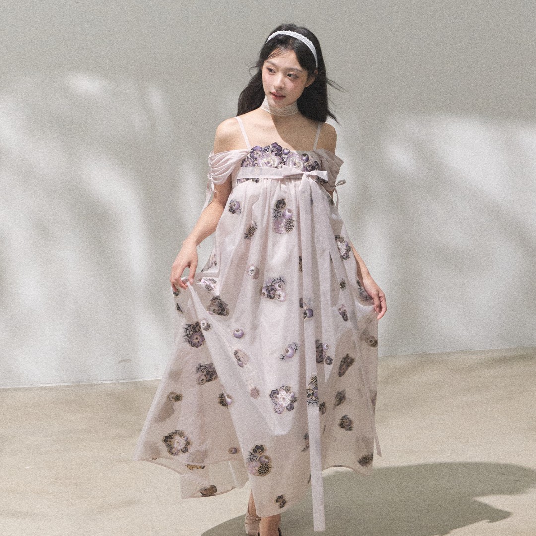 一木胡桃【莓果森林】原创改良国风裙子女夏日常一字肩齐胸连衣裙