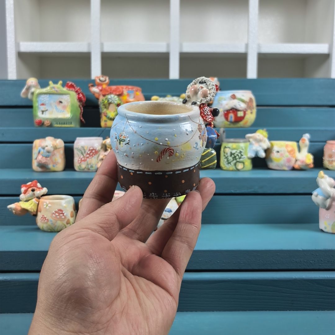 *****圆罐子 奶牛猫 手绘多肉花盆