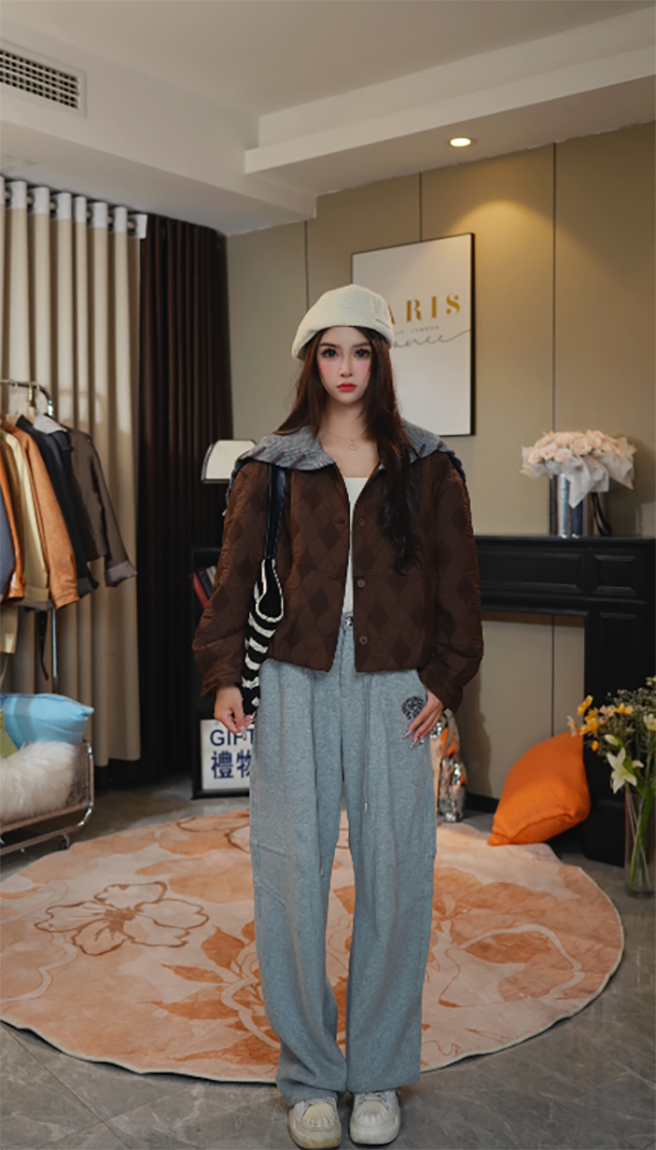 2025年秋冬新款复古海军领拼接棉衣棉服短外套撞色直下摆女