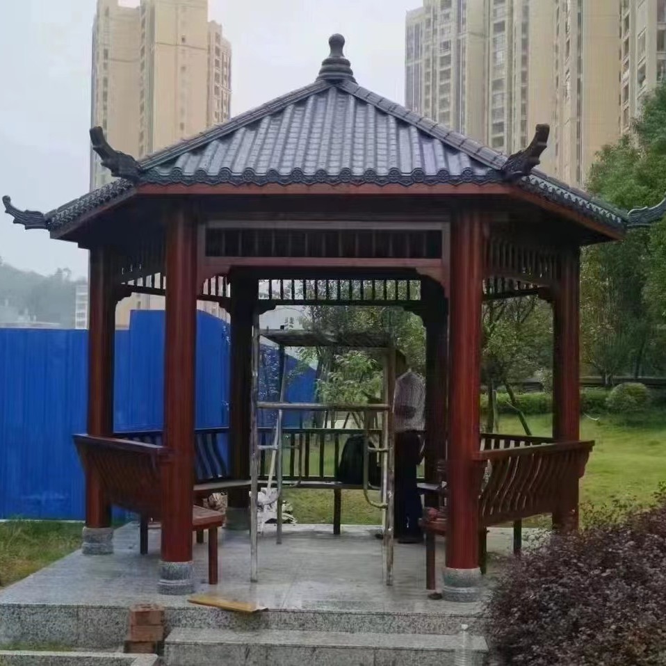 仿古六角亭卯榫原木雕花木屋凉亭推拉新中式拼接设计做旧悬挂