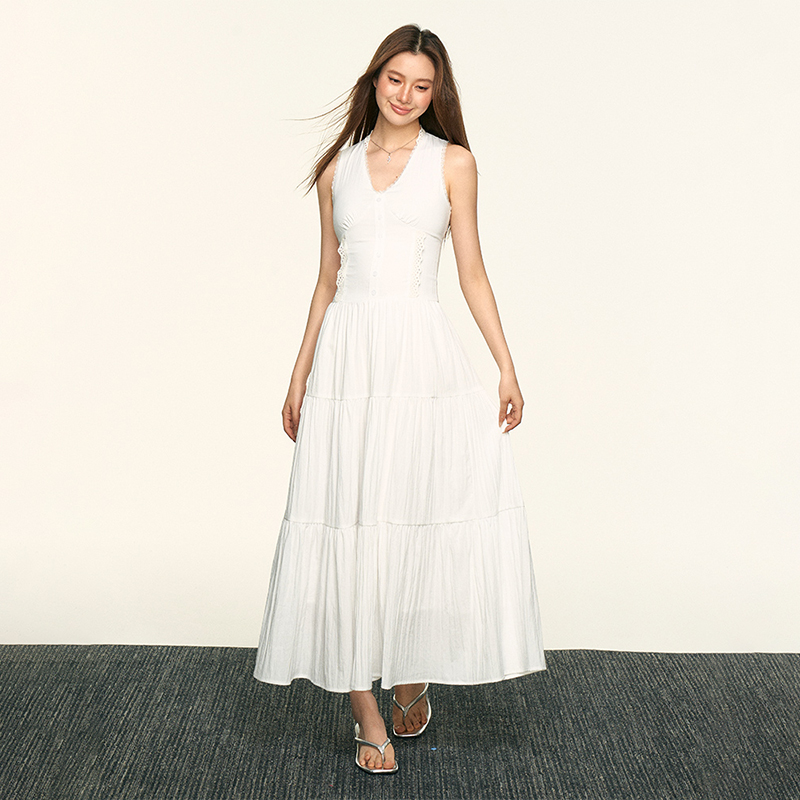 Aaisup白色蕾丝花边V领背心连衣裙女夏季气质显瘦收腰A字大摆裙子