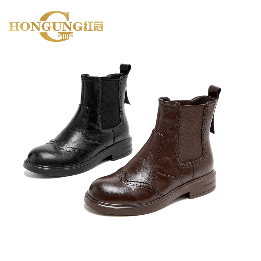 加绒 | 红冠短靴布洛克雕花弹力烟筒靴百搭瘦瘦马丁靴8628英伦风