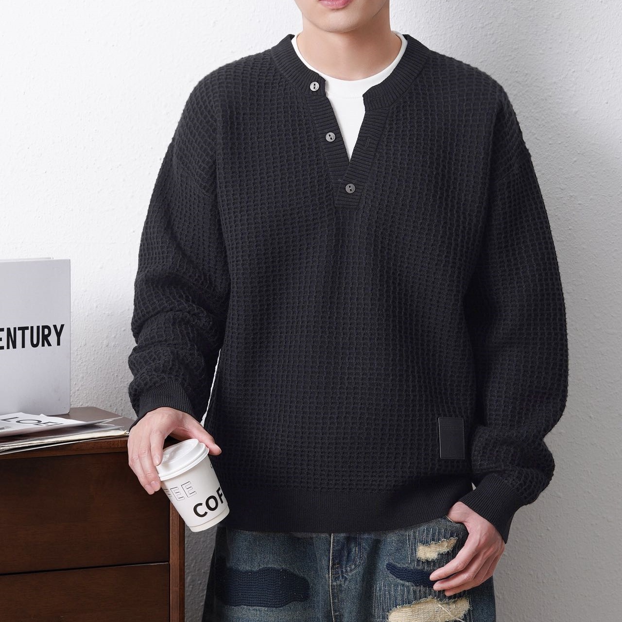 佐先绅男子毛衣打底针织衫加绒男士休闲百搭华夫格拼接大码针织冬