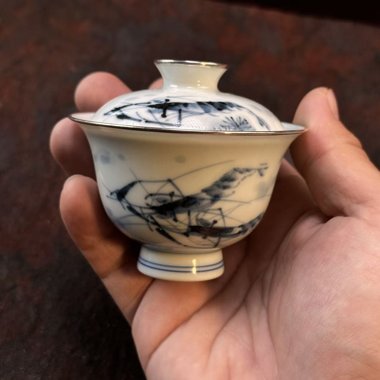 景德镇手绘仿明青花大虾盖碗包银口80ml