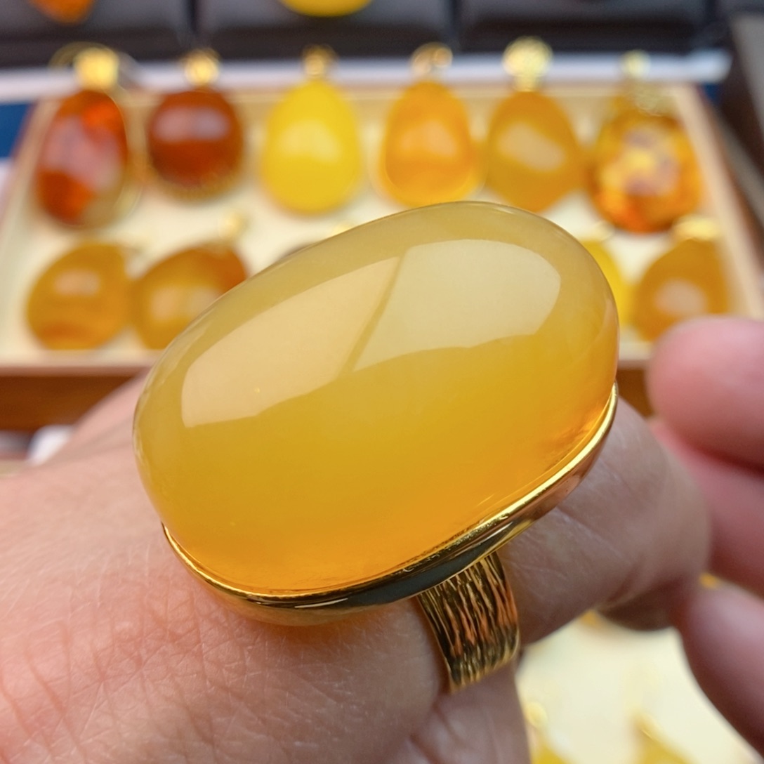 琥珀戒指银S925镀金镶嵌