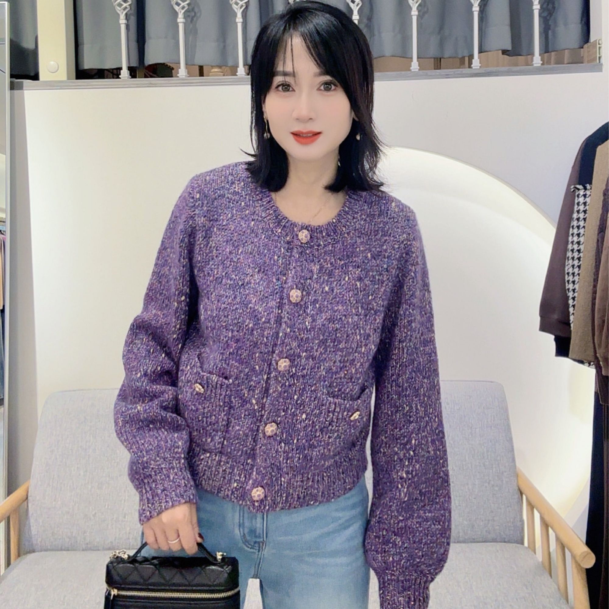 紫色圆领彩点羊毛开衫#复古百搭