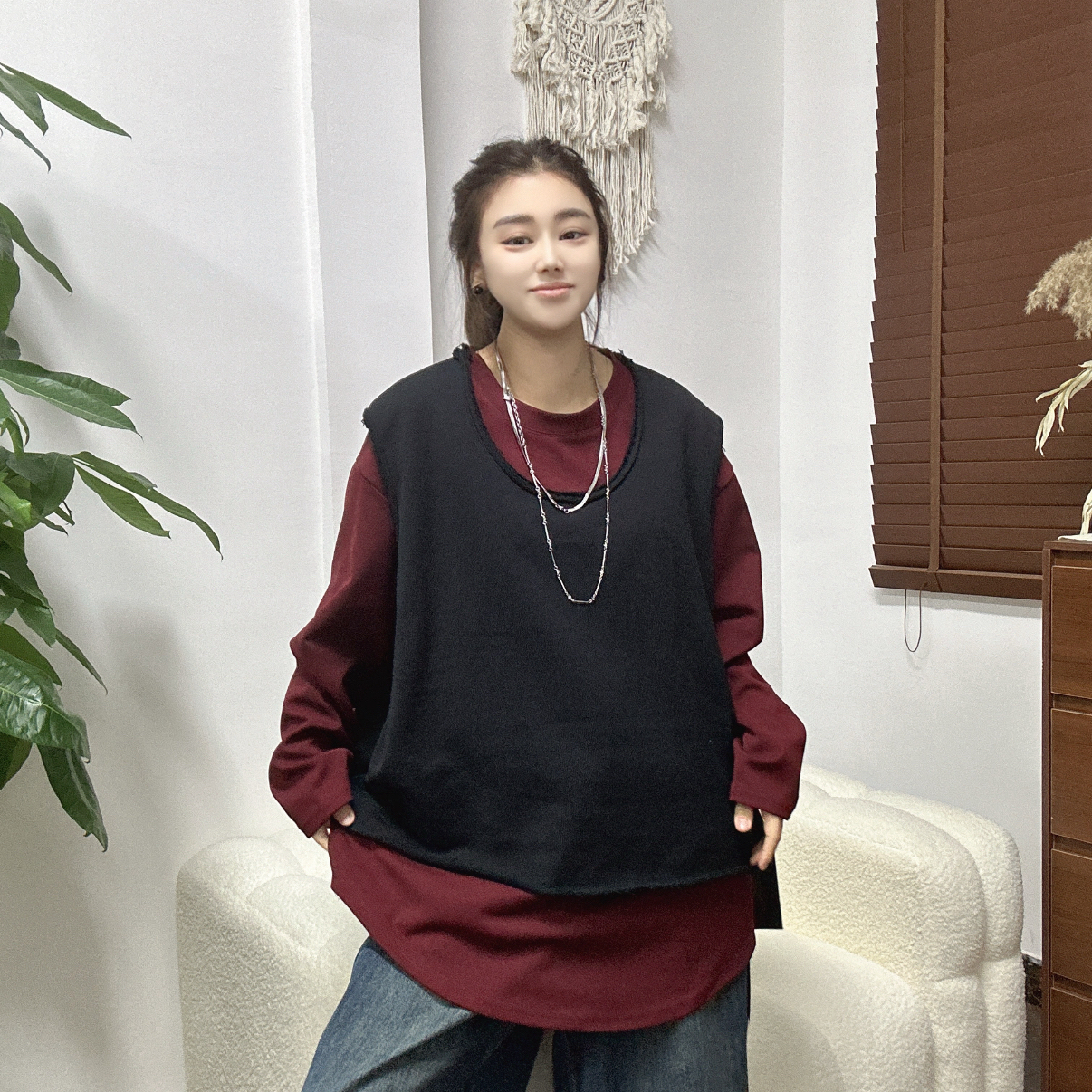 LU/鹿儿Y1128时尚大版大码宽松新款百搭休闲慵懒毛边圆领卫衣马甲
