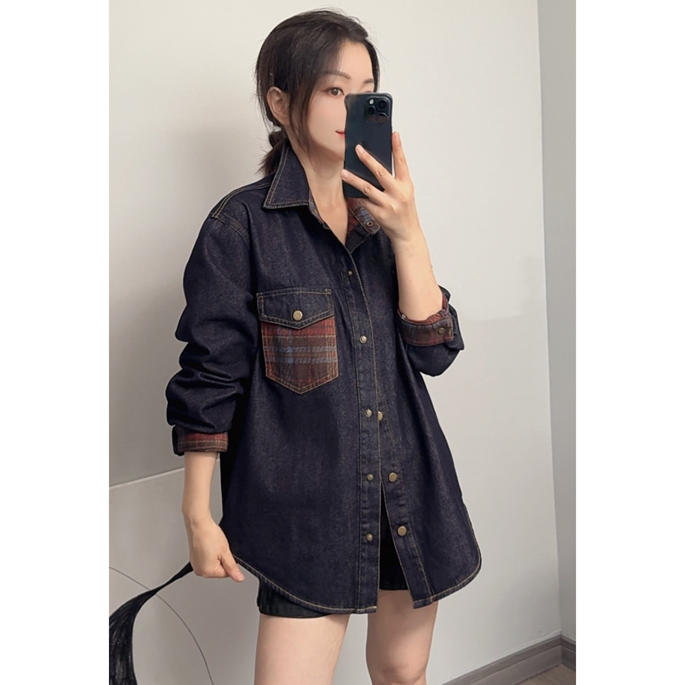 格纹拼接牛仔衬衫女欧美风复古休闲风上衣宽松显瘦轻熟风小众长袖