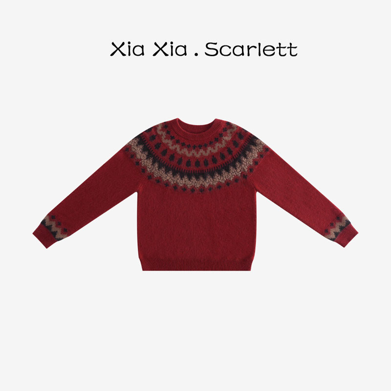 【费尔岛】秋冬圆领拼色费尔岛羊毛针织衫-XE161-9