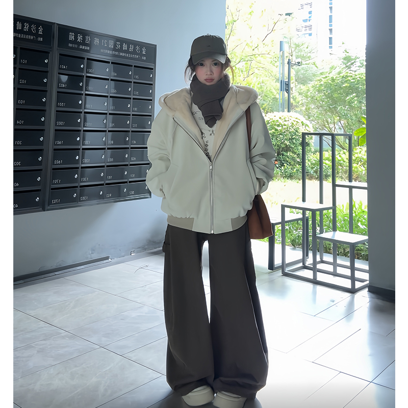 美式重磅荔枝纹座山雕加绒夹棉连帽棉服男女冬季保暖宽松毛领外套