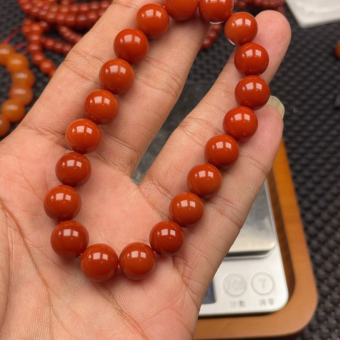 南红玛瑙未镶嵌瓦西圆珠柿子红卡10手串