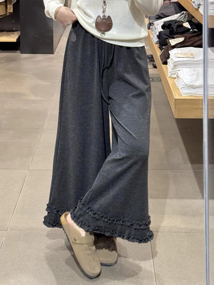 秋装深灰色花边针织阔腿糯米裤子女装显瘦慵懒毛巾休闲裤548