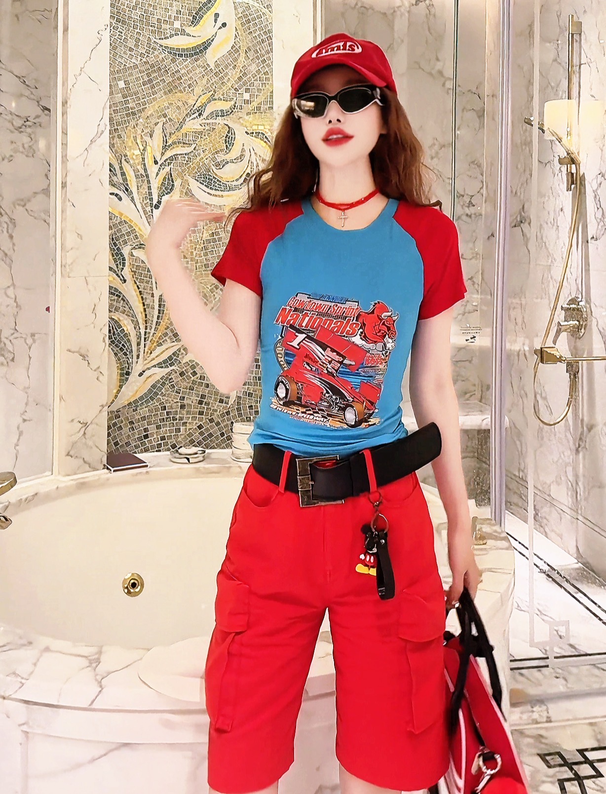 x3247 CC推荐 美式辣妹插肩撞色赛车短袖t恤