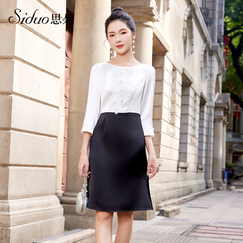 【思朵】S24126礼服裙女秋冬新款黑白拼接气质轻奢时尚晚宴连衣裙