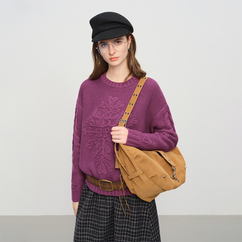 范思蓝恩ECHO轻奢系列复古手工立体钩花圆领毛衣冬季新25FE14043