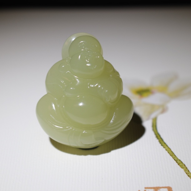 【瑜明堂】精品和田玉黄口金装弥勒佛吊坠