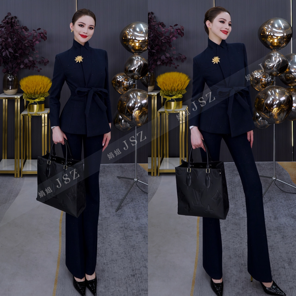 冬藏青色高定显瘦气质职业绵羊毛干练经典修身西装喇叭裤套装1009
