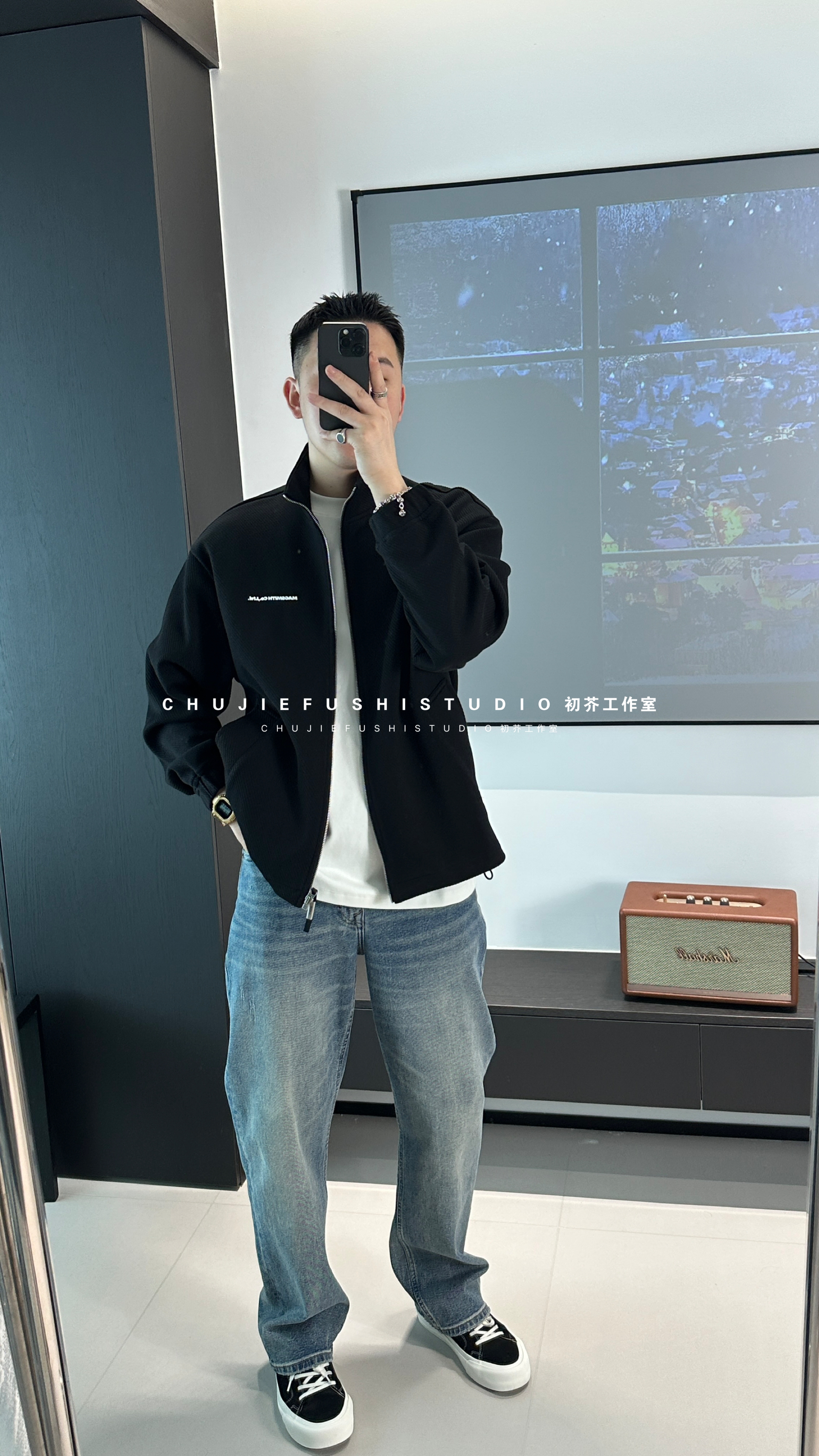 CHUJIE时尚休闲字母印花拉链立领外套