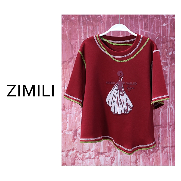 【亮哥女装】2025欧版安可拉红撞色明辑线浮雕字母时尚短袖8757-B7