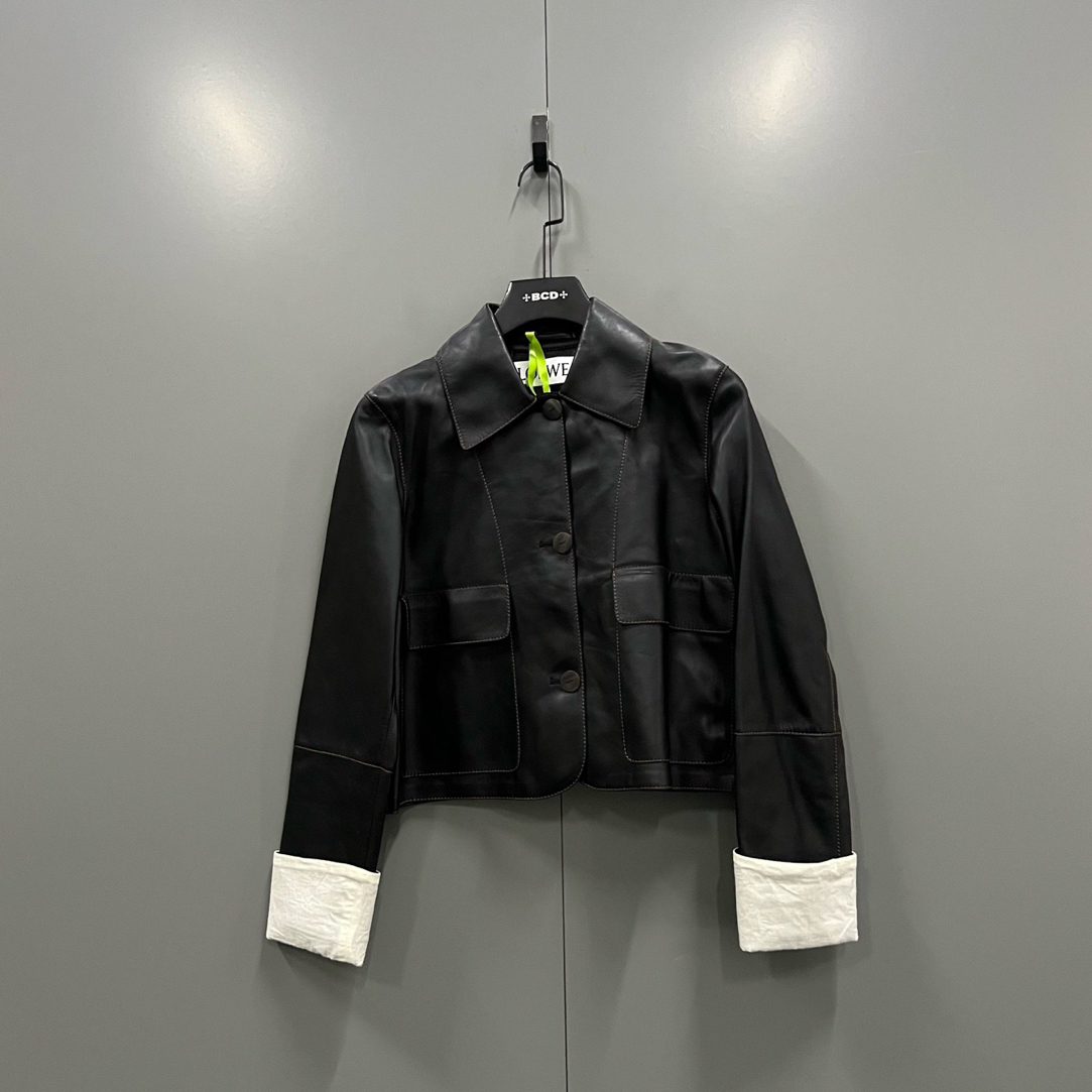 99新 LOEWE/罗意威 zt4 黑色羊皮短袖夹克外套 36码/98新/608204