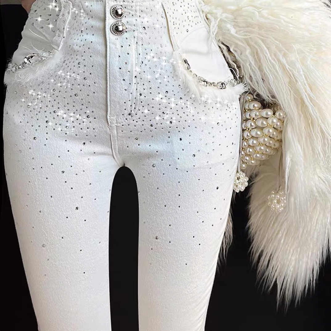 （xY定制～现货）薄款高腰修身百搭烫钻铅笔牛仔裤春秋款1362#