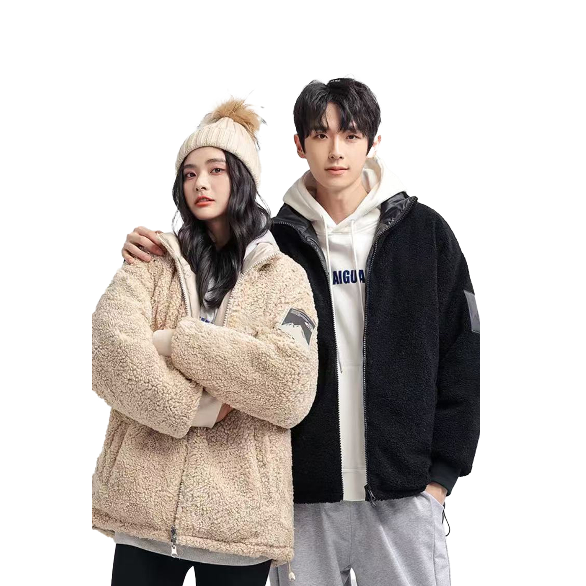 冬季新款情侣款立领双面穿羊羔毛休闲羽绒服-2613-1