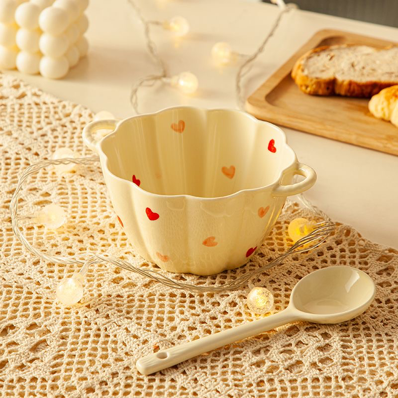 【釉下彩】奶油风桃心小南瓜碗面碗吃饭碗勺家用碗蒸蛋碗少女心餐具