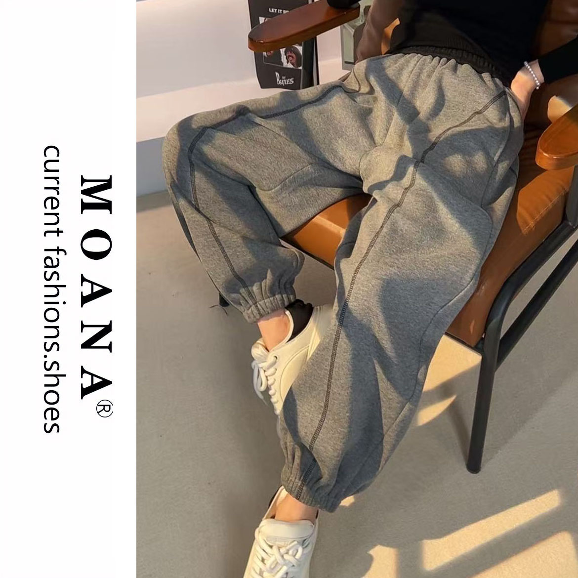 MOANA秋冬羊毛裤卫裤运动休闲工装裤加绒保暖束脚裤潮搭女裤宽松