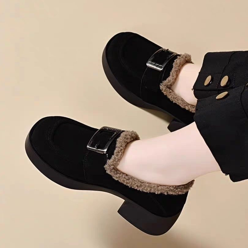 厚底乐福鞋新款女秋冬季加绒真皮保暖磨砂棉鞋中跟粗跟软底单鞋
