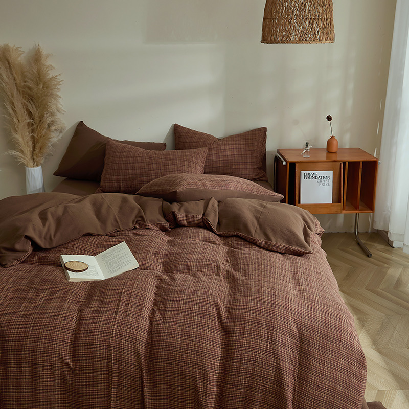 日式简约侘寂风全棉色织双层纱床上四件套纯棉高级感床单被套床笠