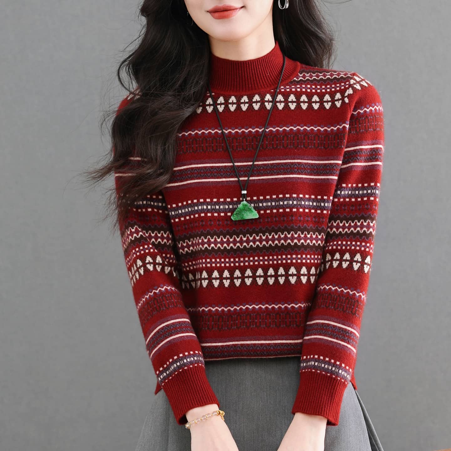 YILI新款冬款洋气长袖针织衫民族风上衣女打底衫时尚77151