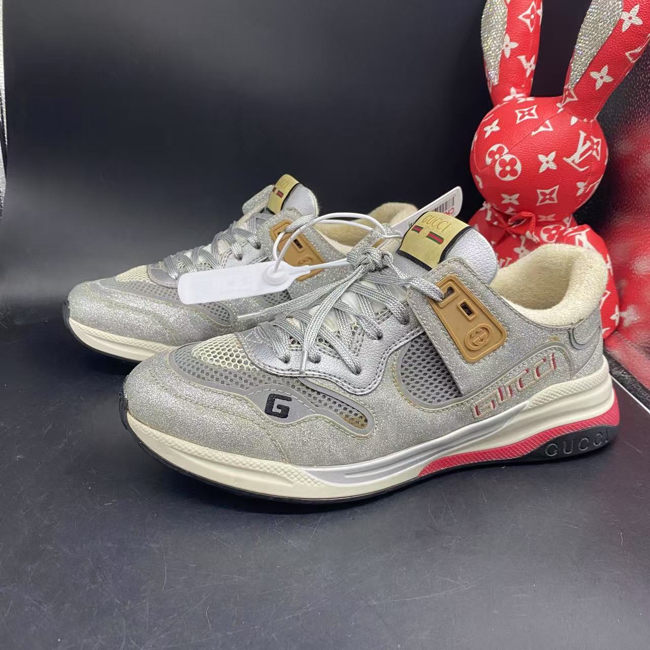 95新 GUCCI/古驰 银灰色防滑平衡织物低帮休闲板鞋41.5欧码LZ022