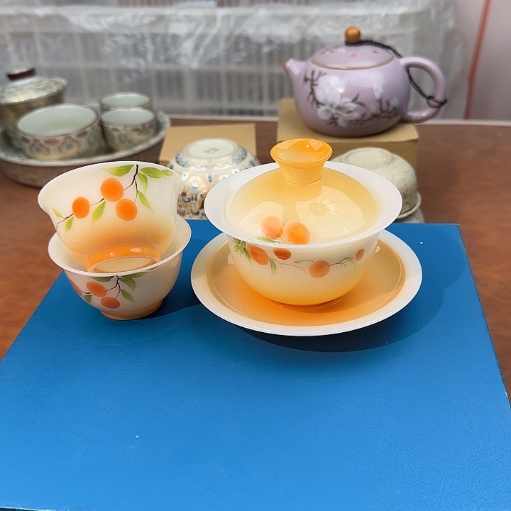 颜瓷闪购商品代替链接璞玉手绘柿子盖碗+2杯