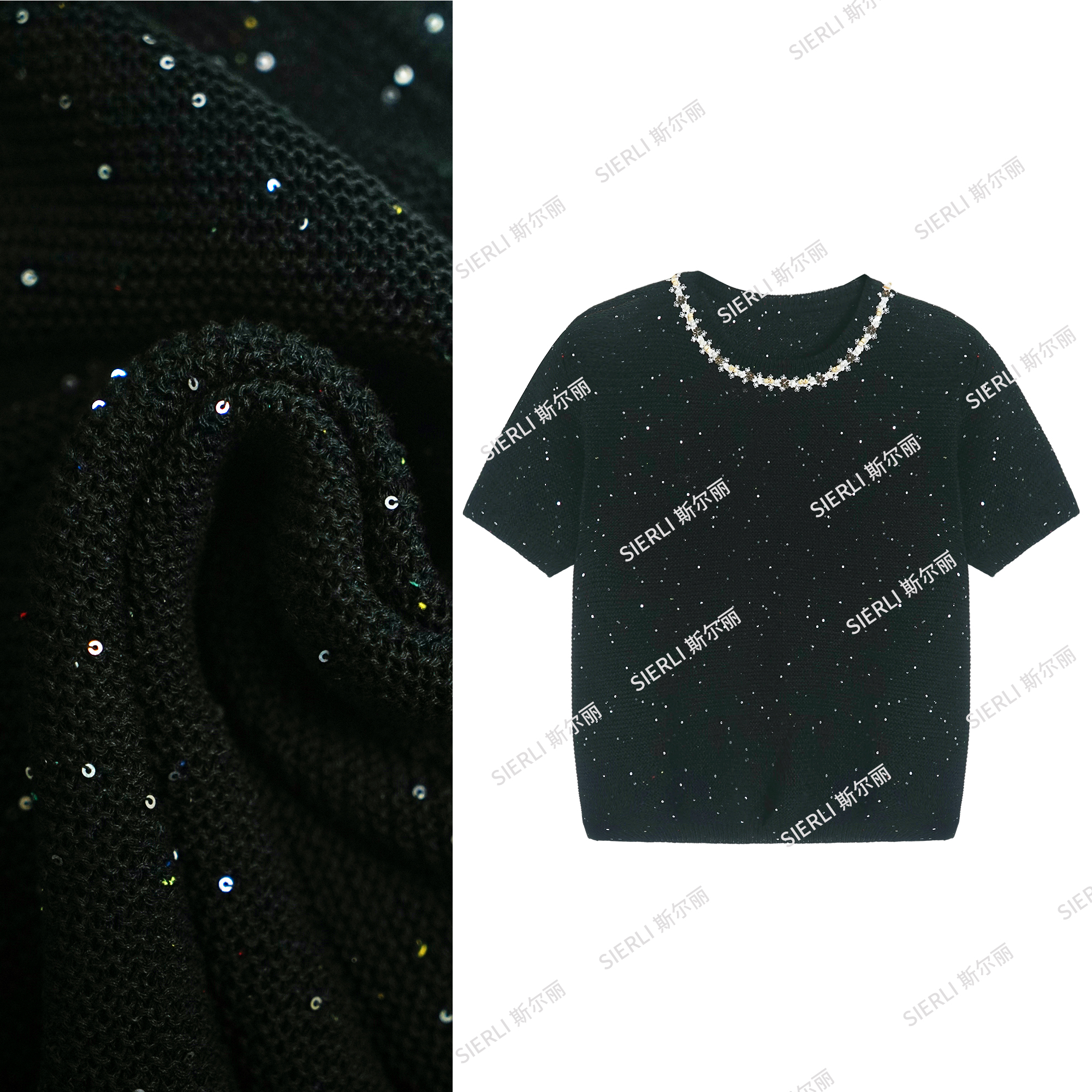 斯尔丽亮片个性百搭针织衫气质透气夏季圆领上衣女装D274*