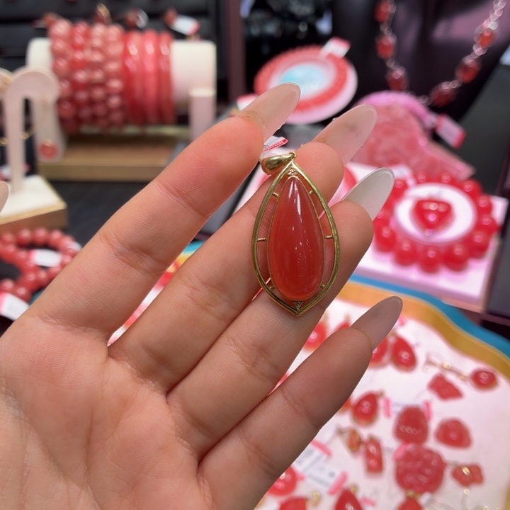 菱锰矿（红纹石）18K金镶嵌颈饰水滴吊坠5.74g