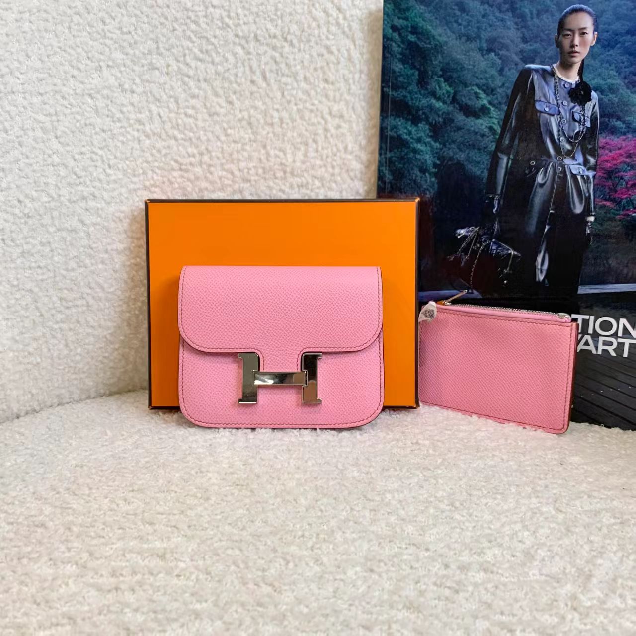 99新 Hermes/爱马仕 樱花粉康康slim钱包 76102698/12期/代卖服务