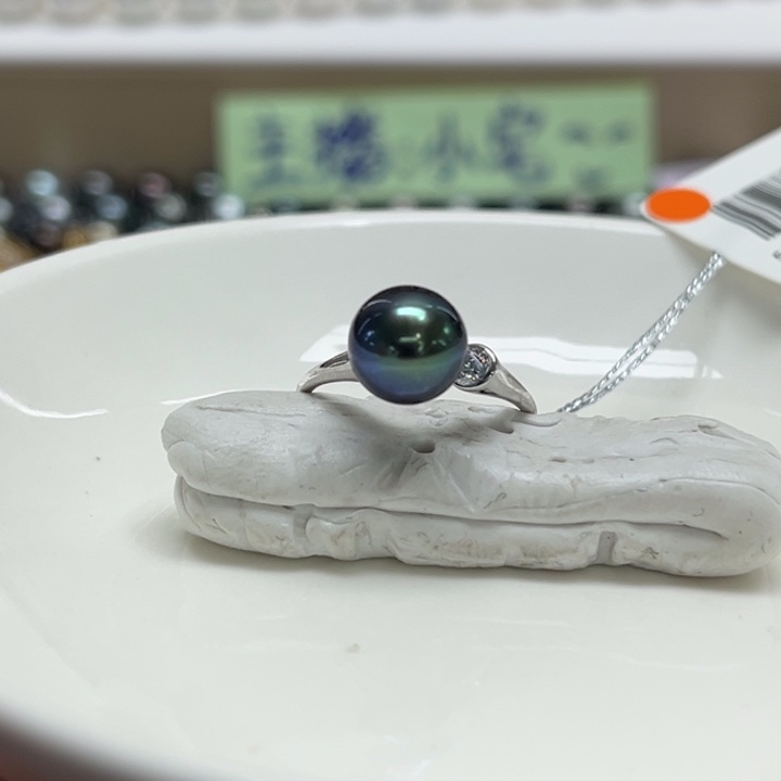 银S925镶嵌戒指海水珍珠大溪地孔雀蓝8-9m 60号