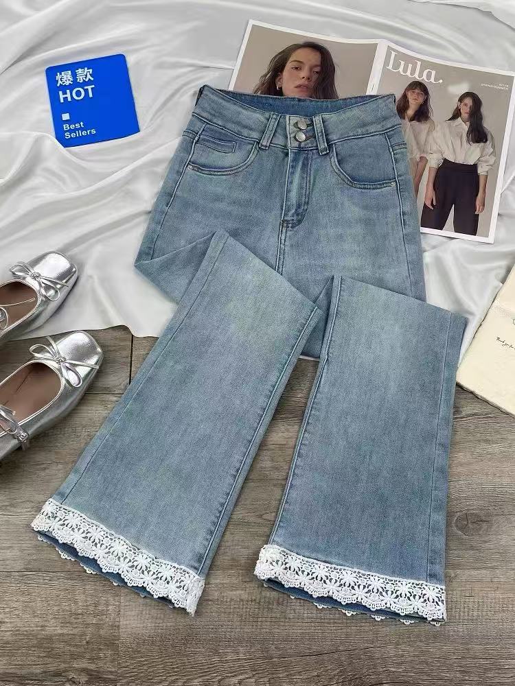 9903-春夏款女款高腰微喇牛仔裤蕾丝边