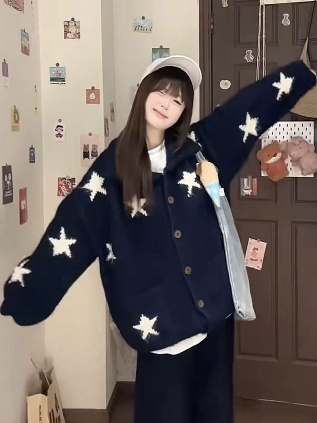 韩系软糯星星毛衣外套女秋冬宽松慵懒高级松弛感粗线针织开衫上衣