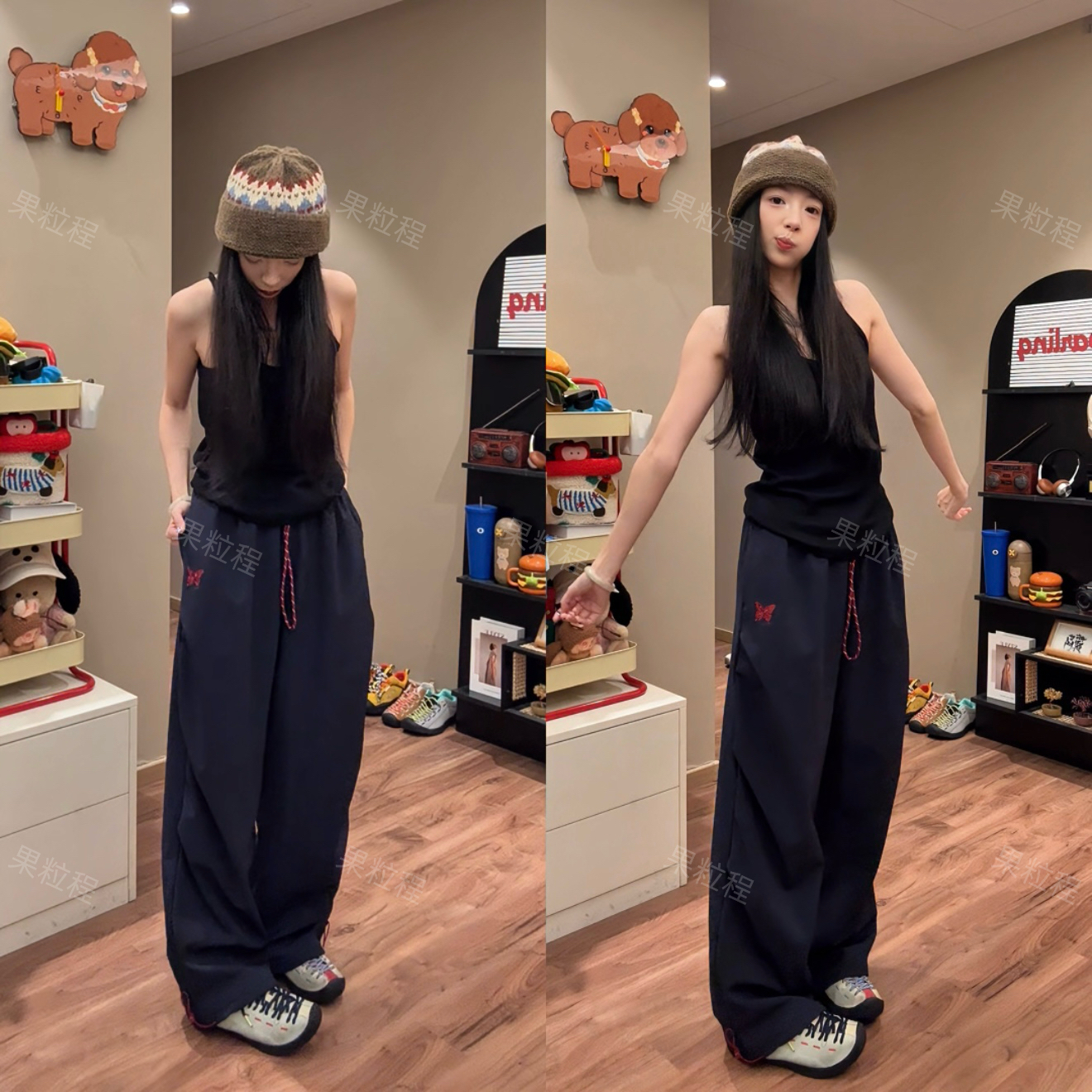 户外运动秋冬情侣款伞兵裤蝴蝶刺绣直筒裤慵懒束脚裤休闲百搭长裤