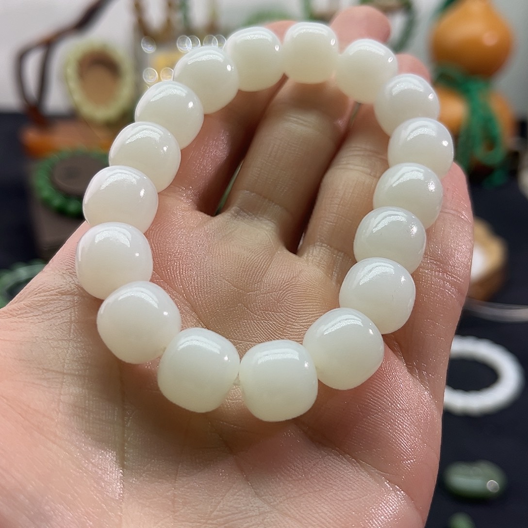 和田玉未镶嵌颈饰俄料-白玉-老型手串-13mm