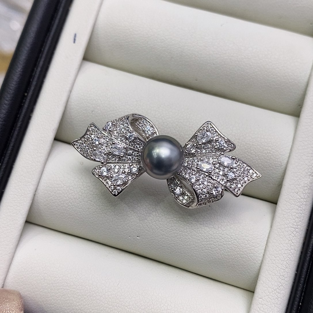 海水珍珠戒圈银S925镶嵌8.7mm铂金灰