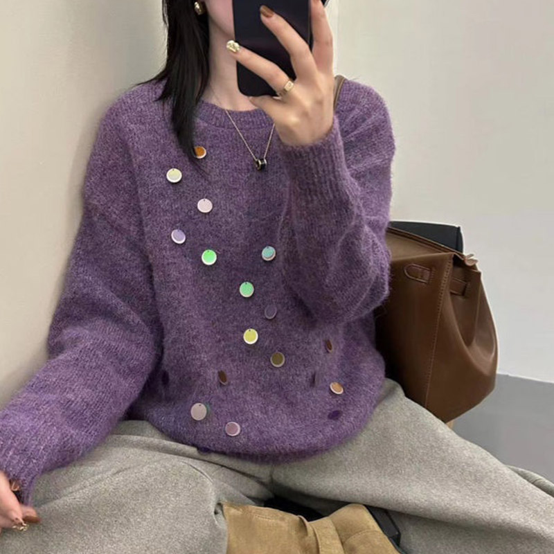 0580亮片设计感洋气圆领套头针织衫宽松长袖纯色针织上衣