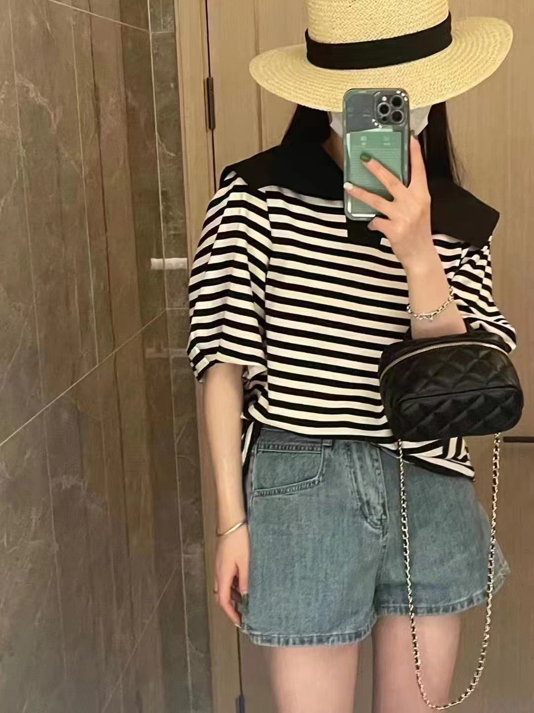 邹先森1721-30海军领短袖气质T恤条纹简约通勤宽松韩版拼接