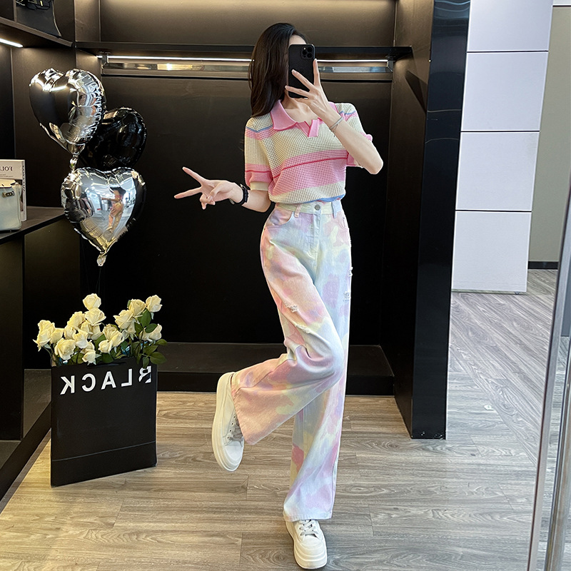 网红洋气炸街女装套装夏季多巴胺条纹针织衫时尚休闲牛仔裤两件套