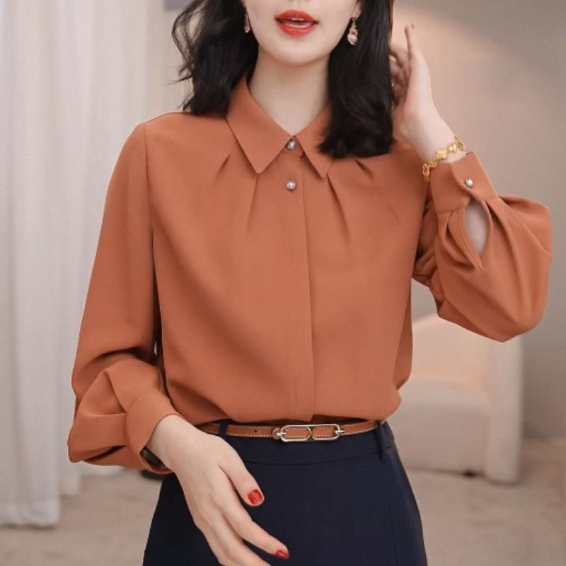 春秋季新款砖红色长袖翻领衬衫时尚洋气休闲女士设计感衬衣上衣女